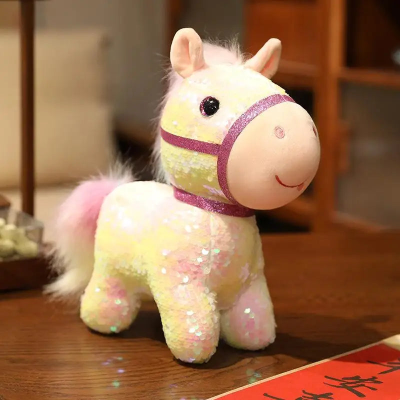 1 Piece Calming Stress Relief Hug Pillow Sparkling Iridescent Glitter Horse Soft Plush Toy Cute Bag Pendent Home Decoration Gift