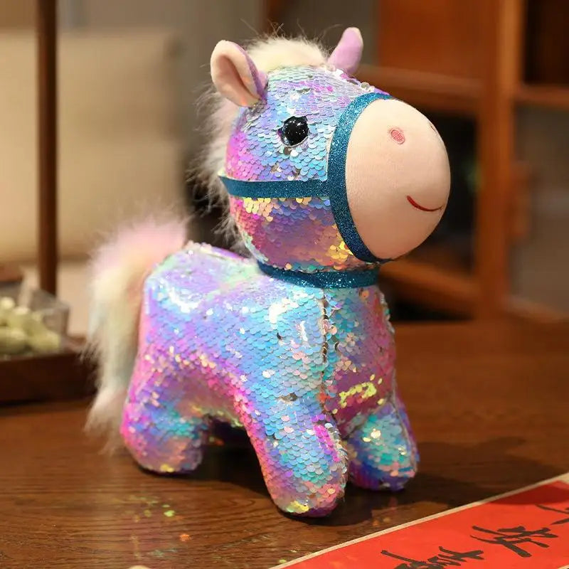 1 Piece Calming Stress Relief Hug Pillow Sparkling Iridescent Glitter Horse Soft Plush Toy Cute Bag Pendent Home Decoration Gift