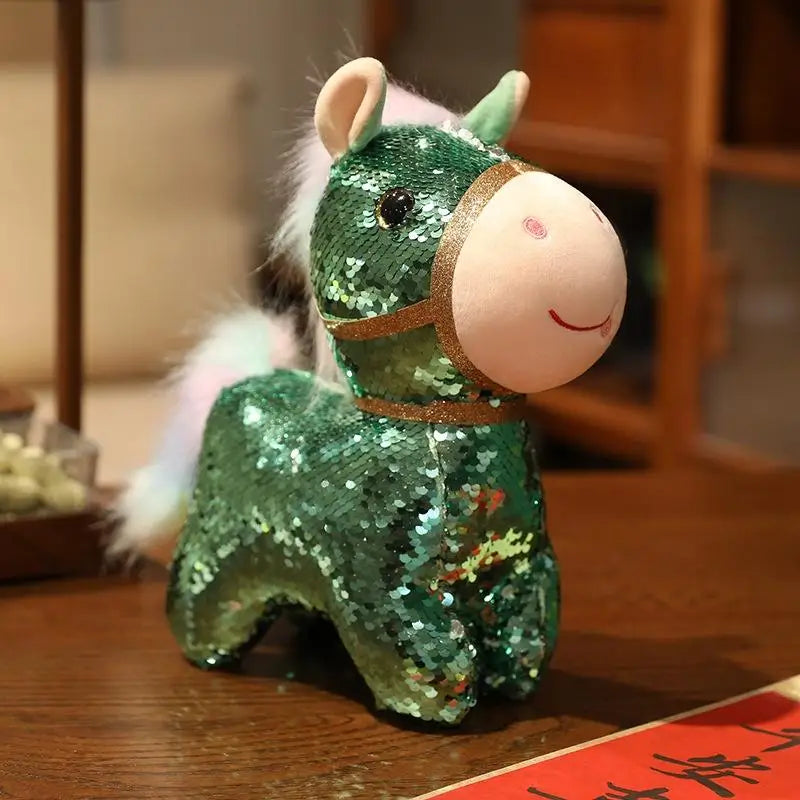 1 Piece Calming Stress Relief Hug Pillow Sparkling Iridescent Glitter Horse Soft Plush Toy Cute Bag Pendent Home Decoration Gift