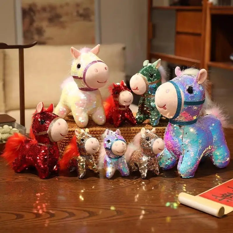 1 Piece Calming Stress Relief Hug Pillow Sparkling Iridescent Glitter Horse Soft Plush Toy Cute Bag Pendent Home Decoration Gift