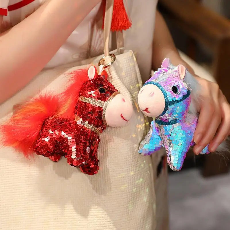 1 Piece Calming Stress Relief Hug Pillow Sparkling Iridescent Glitter Horse Soft Plush Toy Cute Bag Pendent Home Decoration Gift