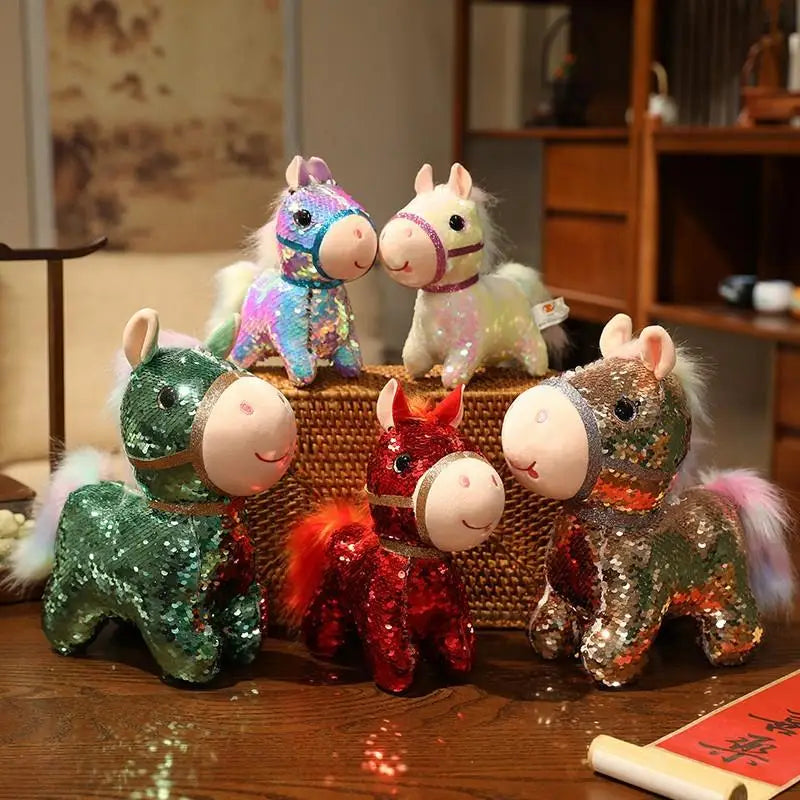 1 Piece Calming Stress Relief Hug Pillow Sparkling Iridescent Glitter Horse Soft Plush Toy Cute Bag Pendent Home Decoration Gift