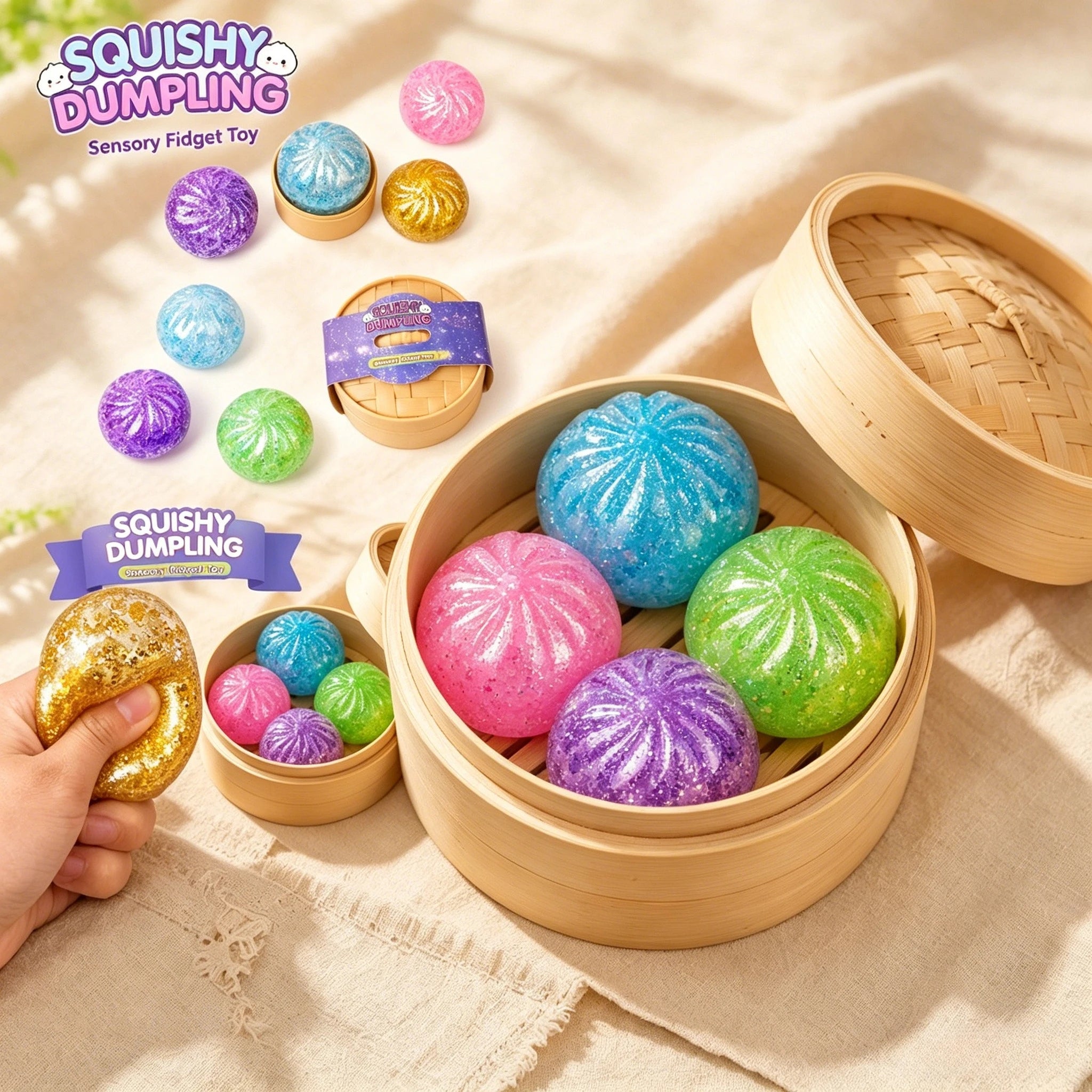 Glitter Dumpling Squishy, Jelly Bao Bun with Steamer, Maltose Slow Rebound Fidget, Aesthetic Desk Decor, Stress Relief Toy