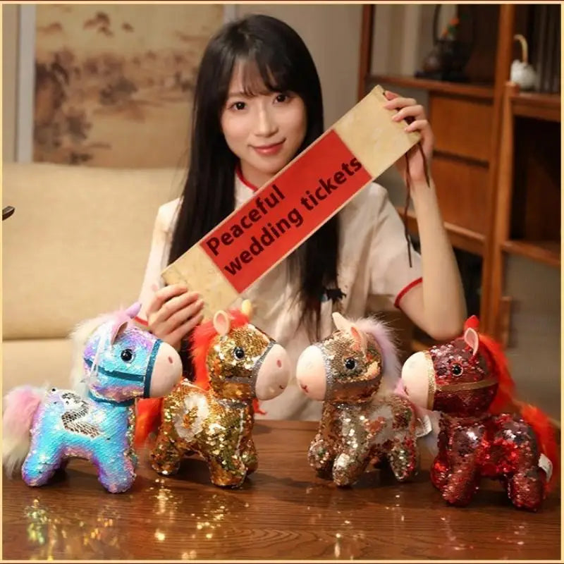 1 Piece Calming Stress Relief Hug Pillow Sparkling Iridescent Glitter Horse Soft Plush Toy Cute Bag Pendent Home Decoration Gift