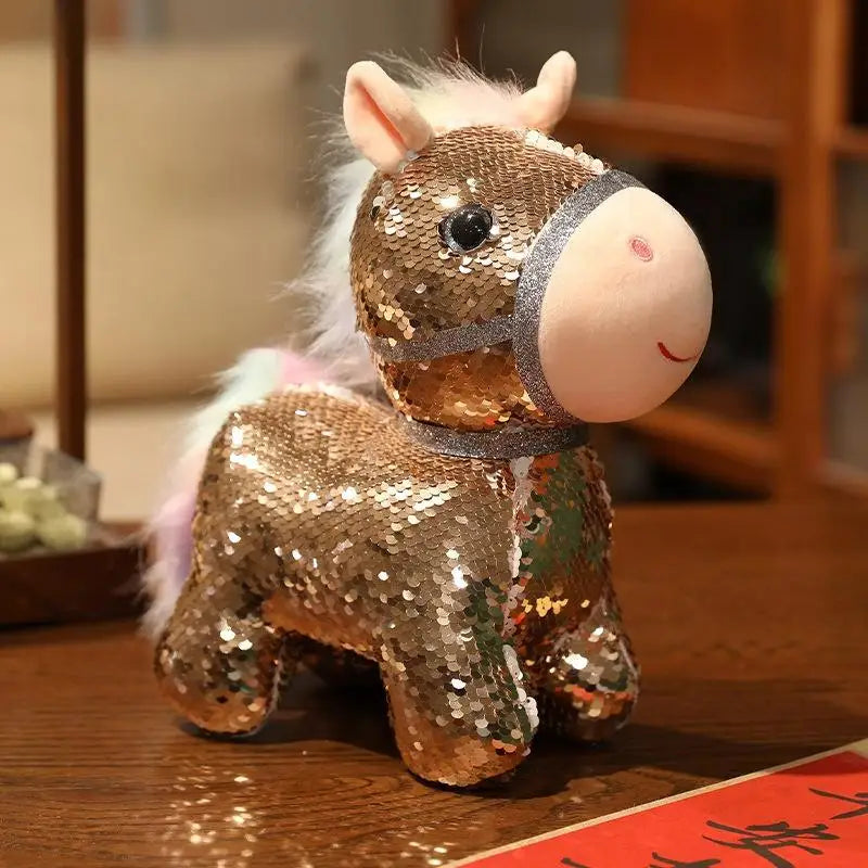 1 Piece Calming Stress Relief Hug Pillow Sparkling Iridescent Glitter Horse Soft Plush Toy Cute Bag Pendent Home Decoration Gift