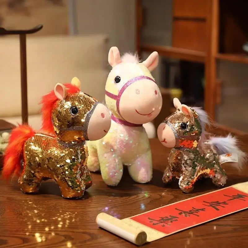 1 Piece Calming Stress Relief Hug Pillow Sparkling Iridescent Glitter Horse Soft Plush Toy Cute Bag Pendent Home Decoration Gift